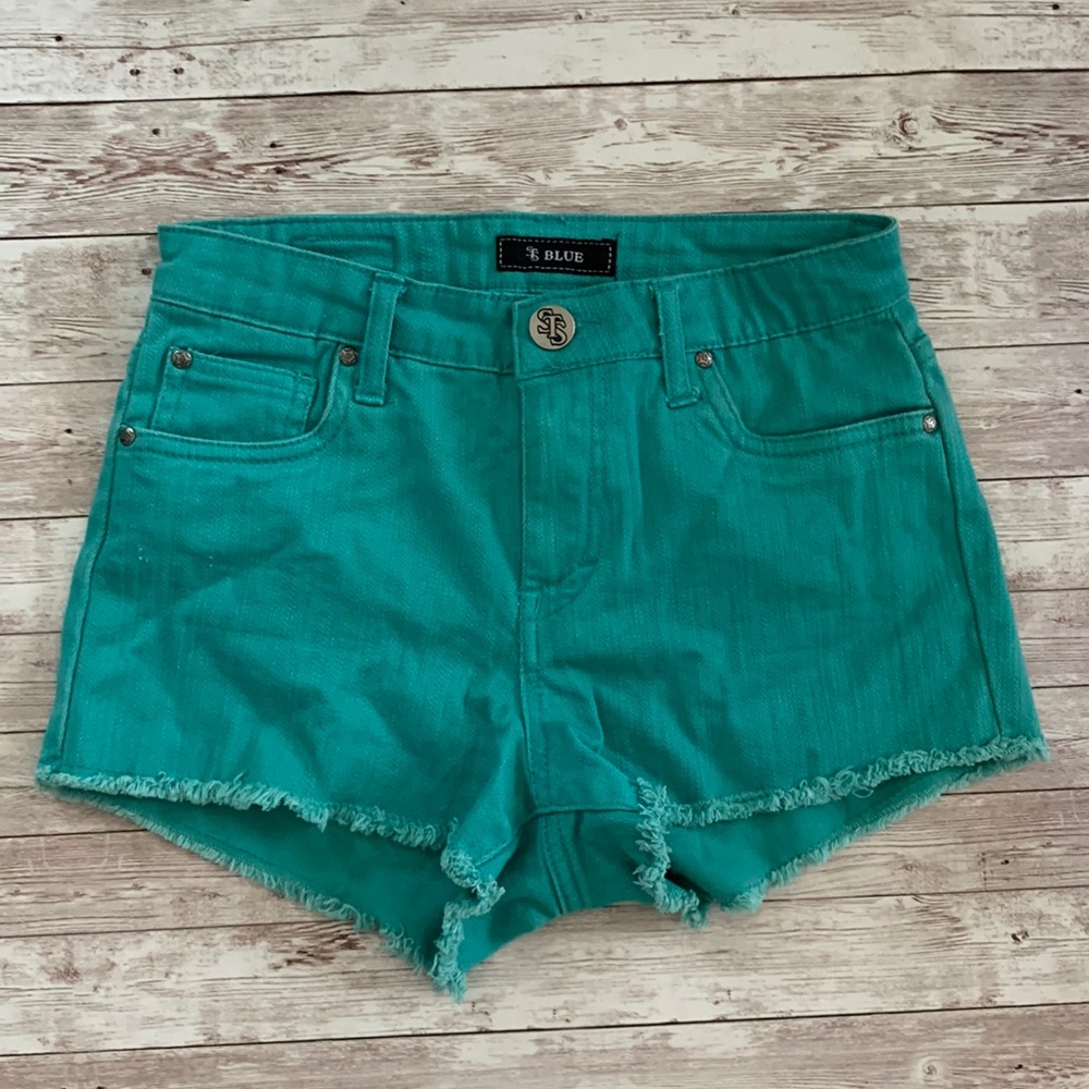 STS Blue Aqua Blue High Waisted Raw Hem Jean Shorts